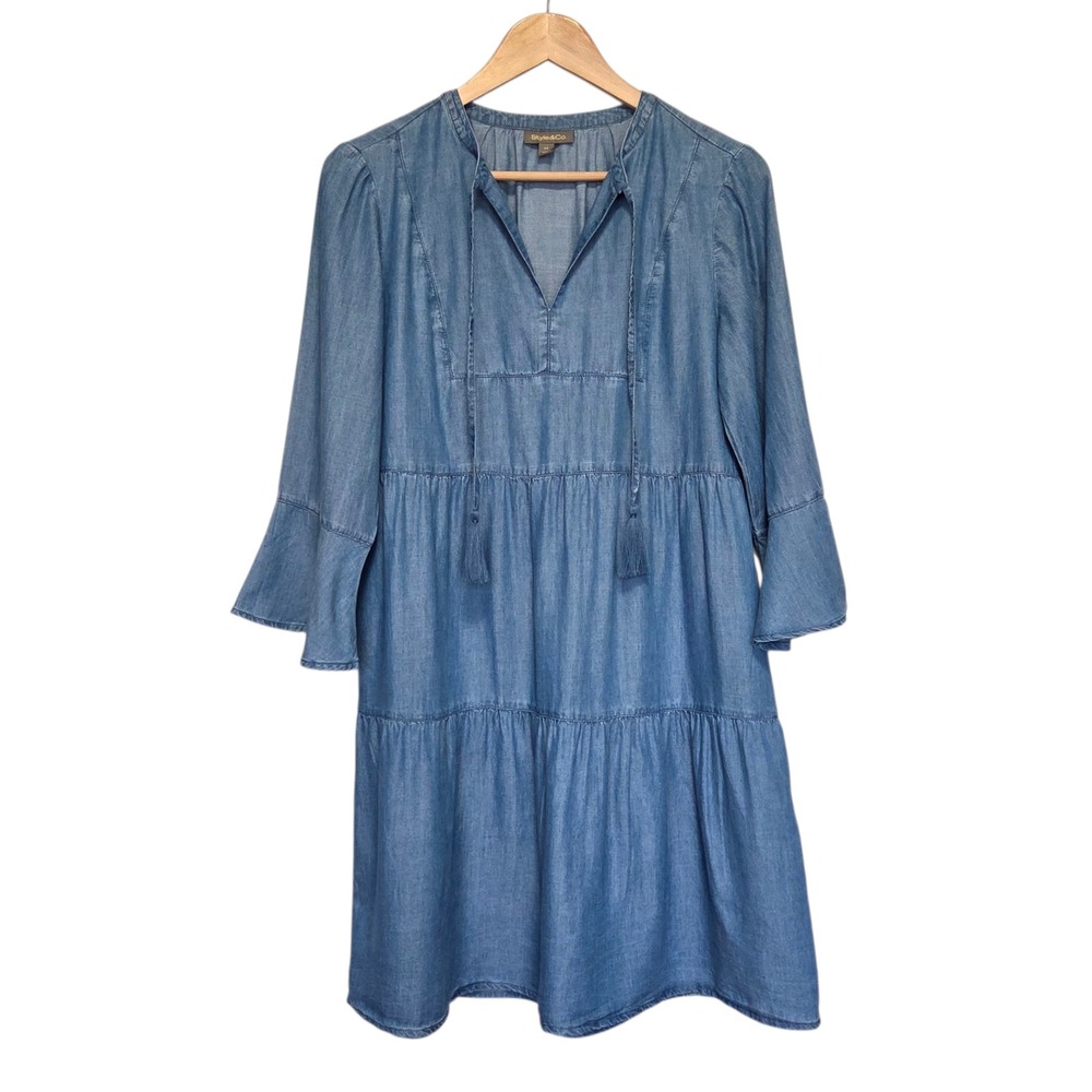 Style & Co Tiered Midi Dress Women XS Chambray Bell Sleeve Boho Western Festival